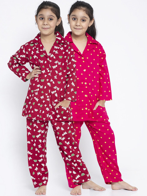 

KYDZI Girls Pack Of 2 Pink & Maroon Printed Night Suits