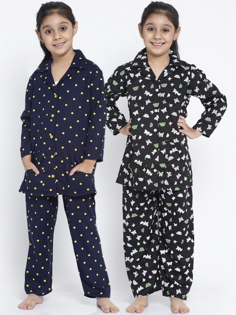 

KYDZI Girls Pack Of 2 Navy Blue & Black Printed Night Suits