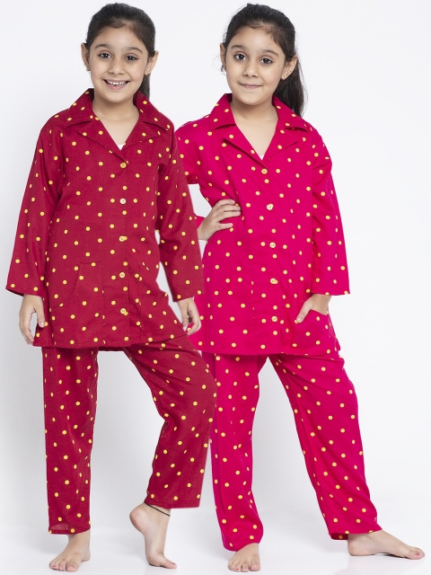 

KYDZI Girls Pack Of 2 Pink & Maroon Printed Night Suits