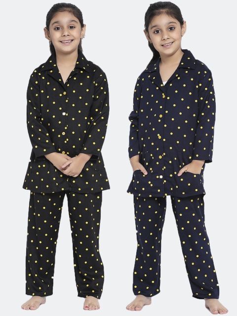 

KYDZI Girls Pack Of 2 Black & Navy Blue Printed Night Suits