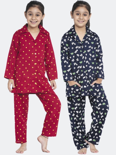 

KYDZI Girls Pack Of 2 Red & Navy Blue Printed Night Suits