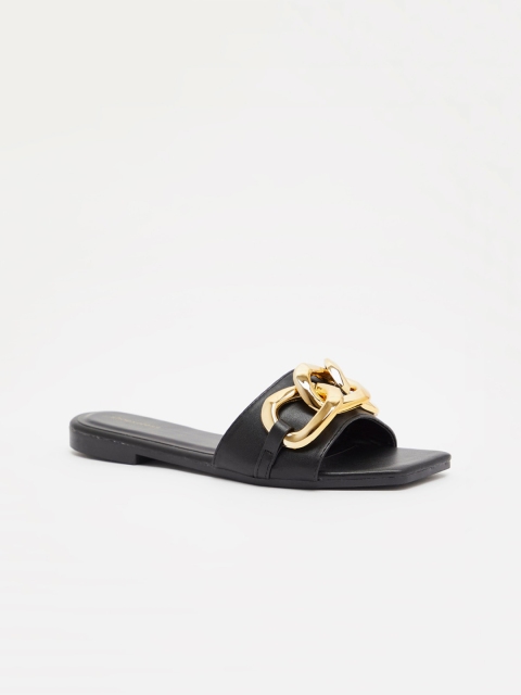 

shoexpress Women Black Open Toe Flats With Metallic Chain Accent