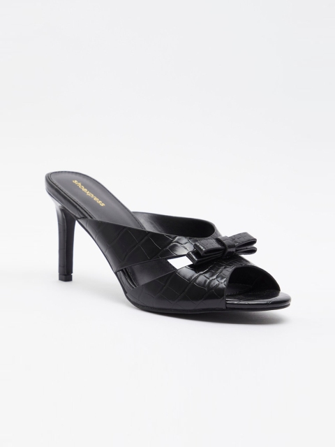 

shoexpress Black Textured PU Stiletto Peep Toes With Bows Heel Sandals