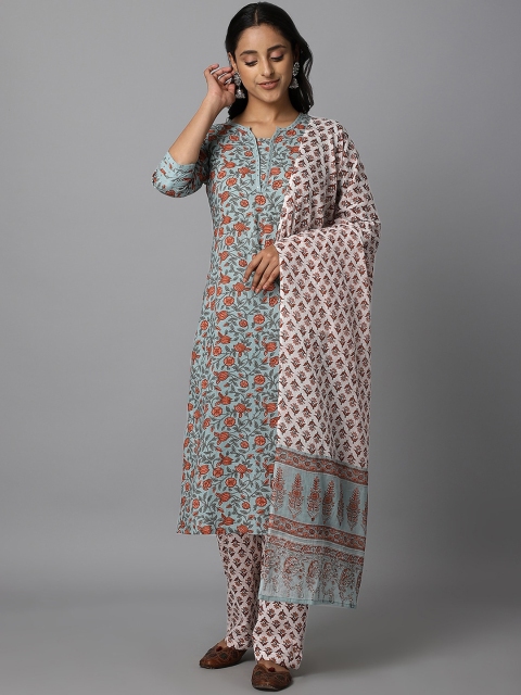 

Azira Women Blue Ethnic Motifs Printed Cotton Kurta with Trousers & With Dupatta