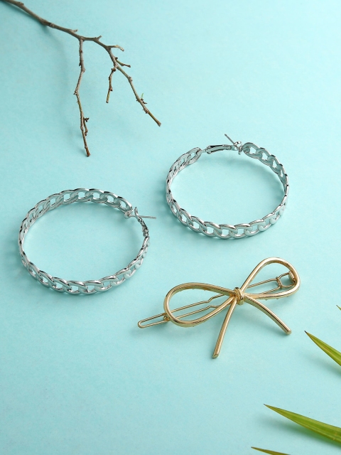 

Sepia Silver-Toned & Plated Circular Handcrafted Hoop Earrings With Bow Hair Clip