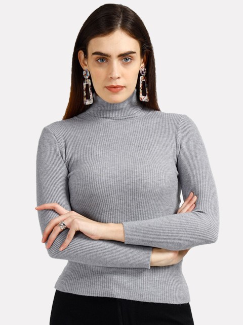 

iki chic Women Grey Ribbed Pullover