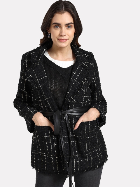 

iki chic Women Black Checked Fringes Trim Tweed Plaid Longline Pure Cotton Tailored Jacket
