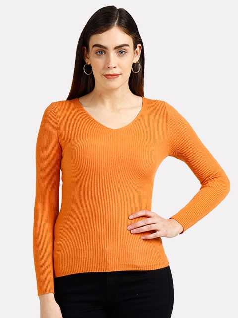 

iki chic Women Orange Ribbed Pullover