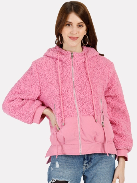 

iki chic Women Pink Suede Faux Fur Hooded Jacket