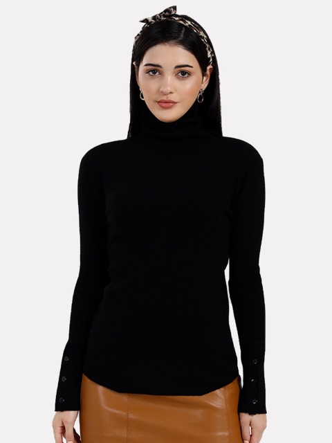 

iki chic Women Black Pullover With Button Detail