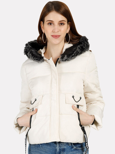 

iki chic Women White Fur Hooded Puffer Jacket