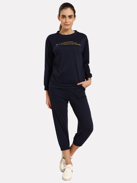 

iki chic Women Navy Blue & Beige Printed Sweatshirt With Capris