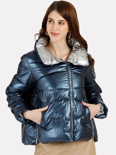 

iki chic Women Navy Blue Vintage Metallic Puffer Jacket