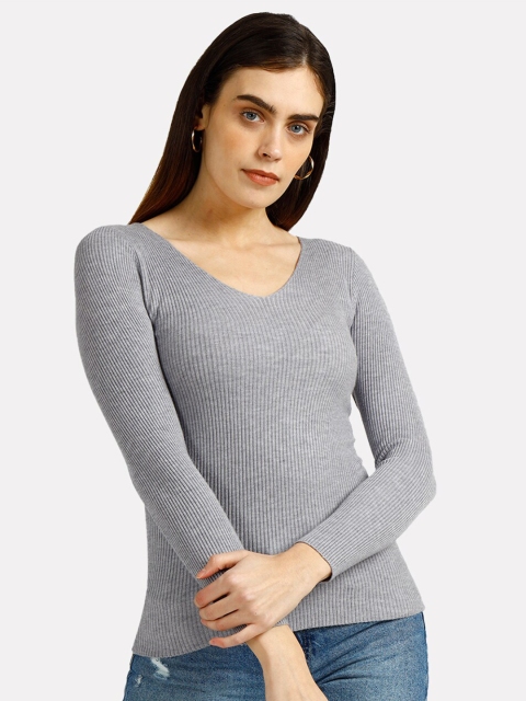 

iki chic Women Grey Ribbed Pullover