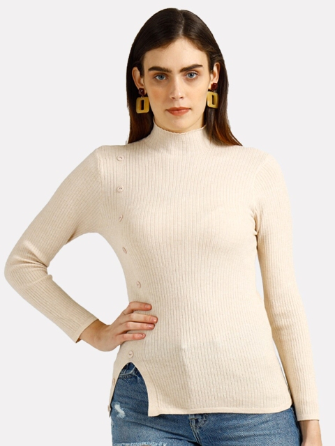 

iki chic Women Khaki Ribbed Pullover With Button Detail