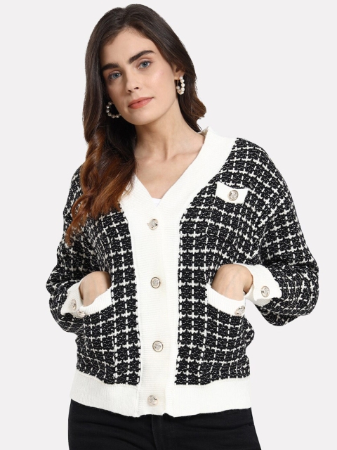 

iki chic Women Black & White Checked Cardigan with Embellished Detail