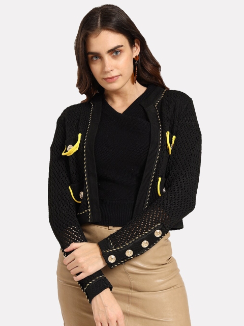 

iki chic Women Black & Yellow Crop Cardigan