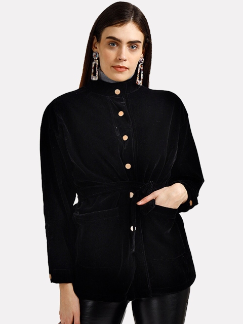 

iki chic Women Black Longlinetie Waist Velvet Jacket