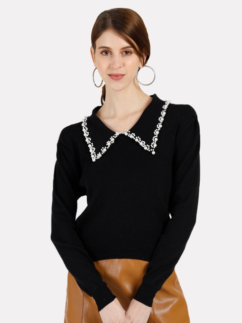 

iki chic Women Black & White Crop Pullover with Embellished Detail