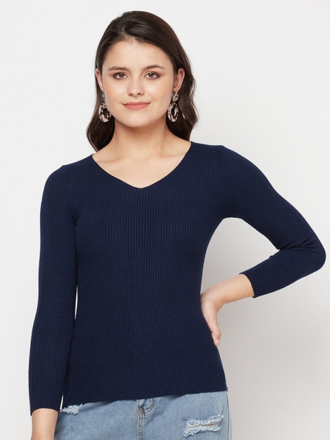 

iki chic Women Navy Blue Ribbed Pullover