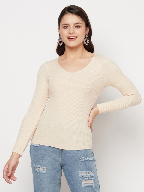 

iki chic Women Beige Ribbed Pullover