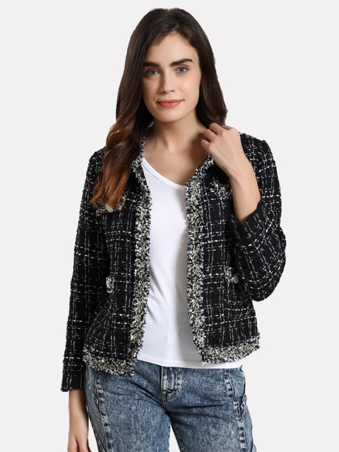 

iki chic Women Black & White Checked Cardigan with Embellished Detail