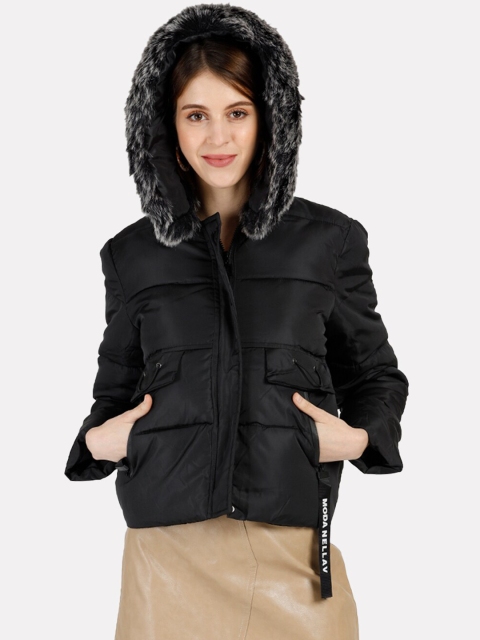 

iki chic Women Black Fur Hooded Puffer Jacket