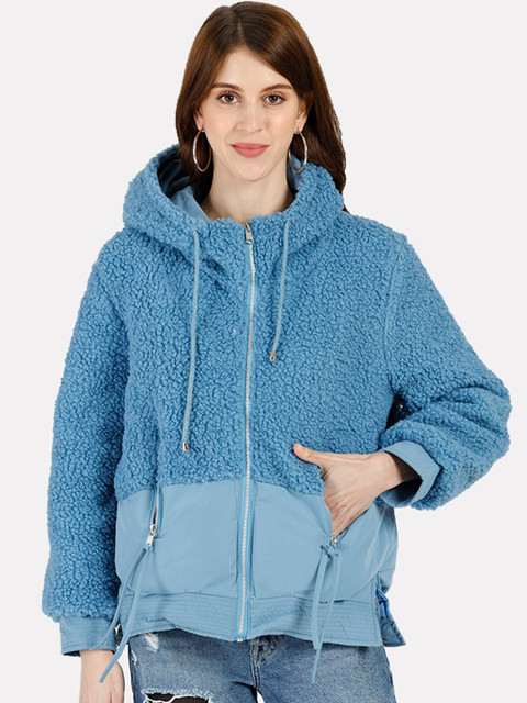 

iki chic Women Blue Suede Faux Fur Puffer Jacket