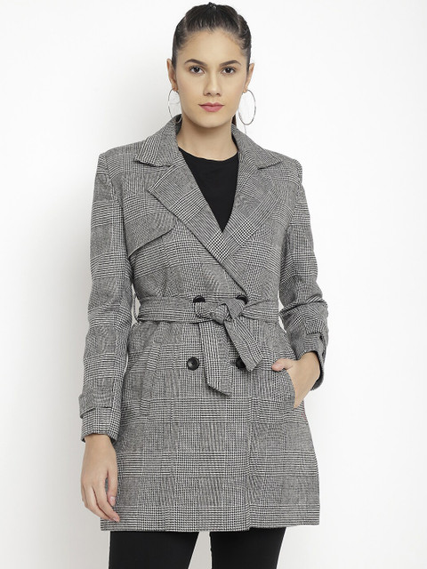 

LEBORK Women Grey & White Checked Regular-Fit Trench Coat