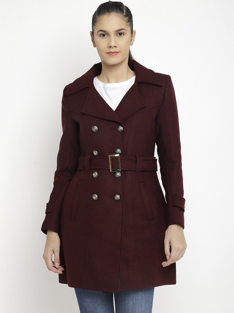 

LEBORK Women Maroon Solid Regular-Fit Trench Coat