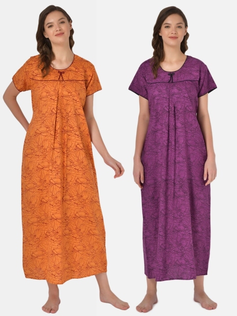 

Klamotten Pack Of 2 Orange & Purple Printed Pure Cotton Maxi Nightdress