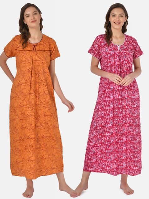 

Klamotten Pack Of 2 Orange & Fuchsia Printed Pure Cotton Maxi Nightdress