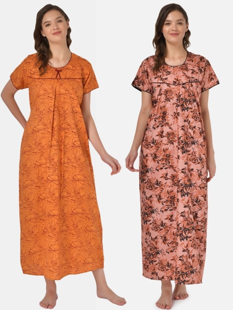 

Klamotten Pack Of 2 Orange & Pink Printed Pure Cotton Maxi Nightdress