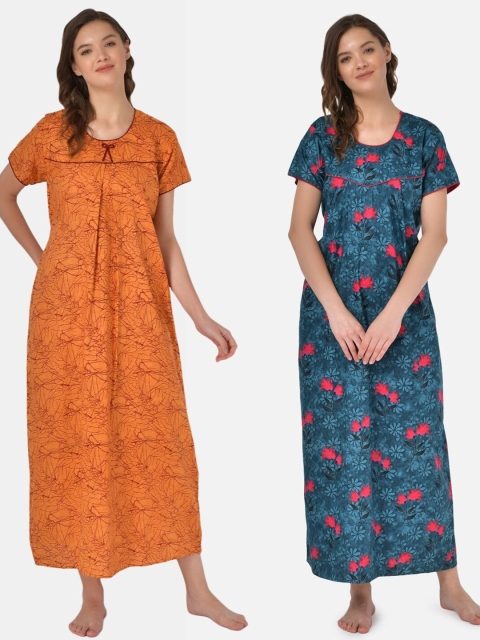 

Klamotten Pack Of 2 Orange & Blue Printed Pure Cotton Maxi Nightdress