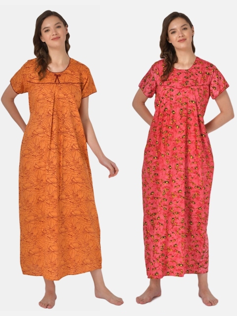 

Klamotten Pack Of 2 Orange & Pink Printed Pure Cotton Maxi Nightdress