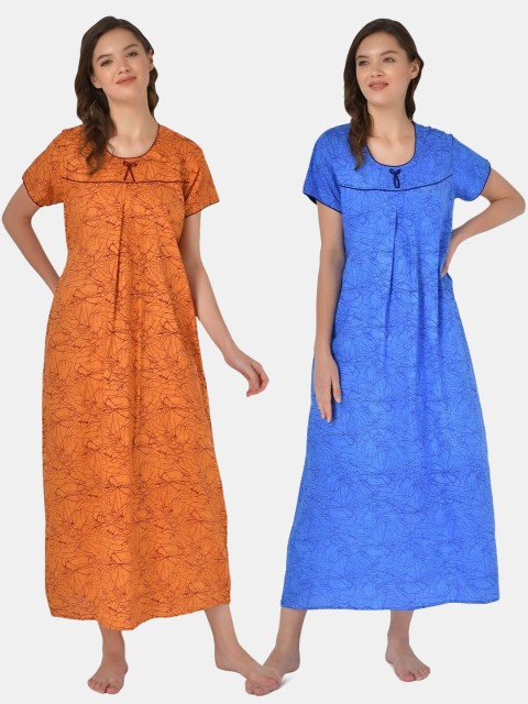 

Klamotten Pack Of 2 Orange & Blue Printed Pure Cotton Maxi Nightdress