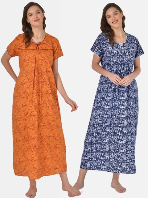

Klamotten Pack Of 2 Orange & Blue Printed Pure Cotton Maxi Nightdress
