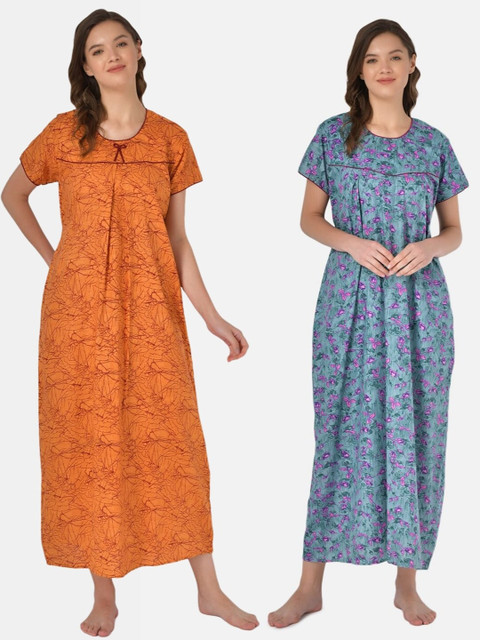

Klamotten Pack Of 2 Orange & Blue Printed Pure Cotton Maxi Nightdress