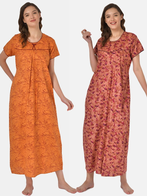 

Klamotten Pack Of 2 Orange & Peach-Coloured Printed Pure Cotton Maxi Nightdress