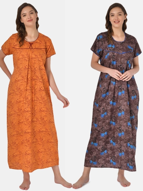 

Klamotten Pack Of 2 Orange & Brown Printed Pure Cotton Maxi Nightdress