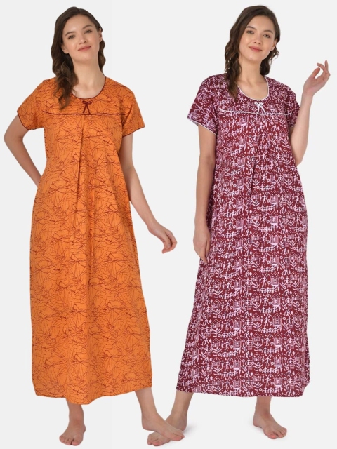 

Klamotten Pack Of 2 Orange & Maroon Printed Pure Cotton Maxi Nightdress