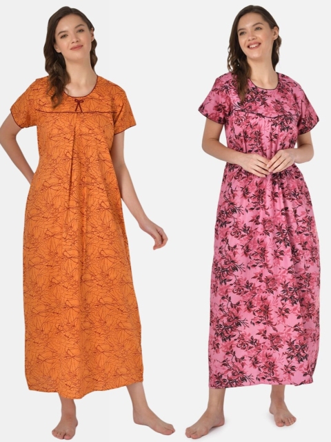 

Klamotten Pack Of 2 Orange & Fuchsia Printed Pure Cotton Maxi Nightdress