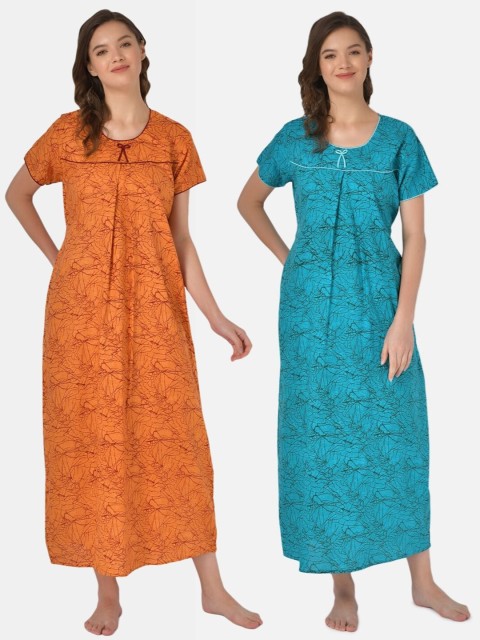 

Klamotten Pack Of 2 Orange & Blue Printed Pure Cotton Maxi Nightdress, Yellow