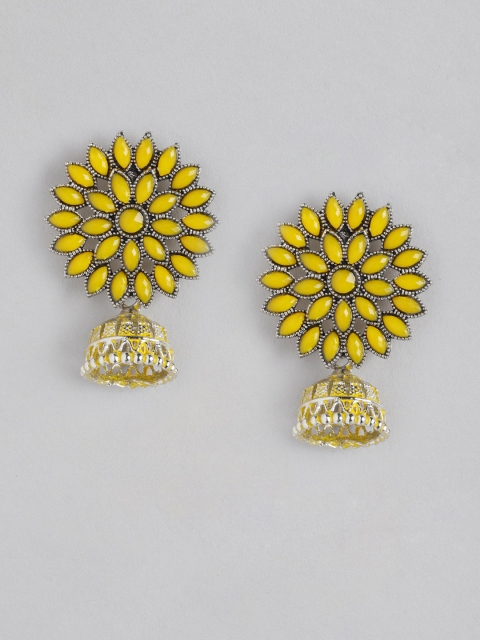

Anouk Yellow Oxidised Silver-Plated Stone-Studded Enamelled Floral Dome Shaped Jhumkas