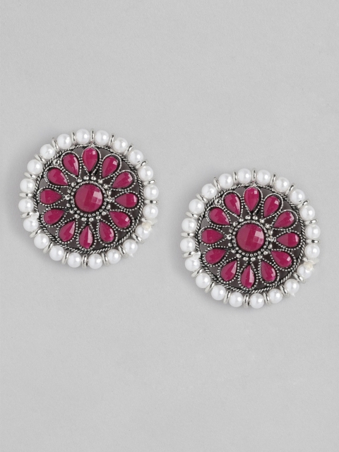 

Anouk Magenta & White Oxidised Silver-Plated Stone-Studded Floral Oversized Studs