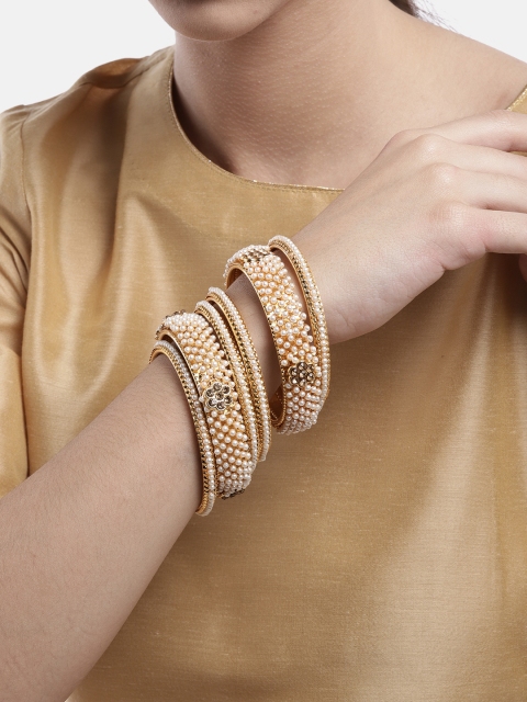 

Anouk Set of 6 White Gold-Plated Stone-Studded & Beaded Bangles