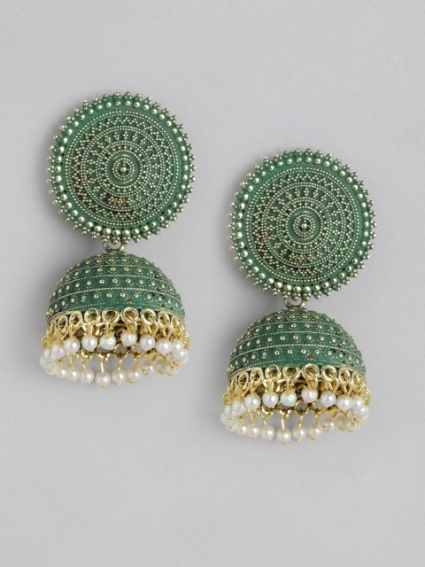 

Anouk Green Gold-Plated Textured Enamelled Beaded Dome Shaped Jhumkas