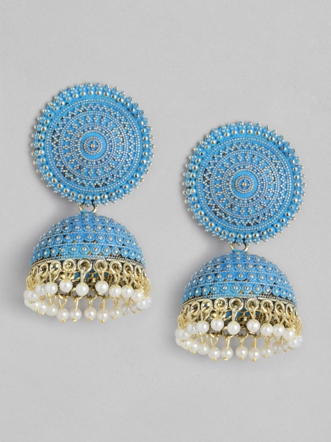 

Anouk Blue Gold-Plated Textured Enamelled Beaded Dome Shaped Jhumkas