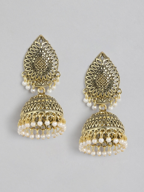 

Anouk Antique Gold-Plated Textured Beaded Dome Shaped Jhumkas