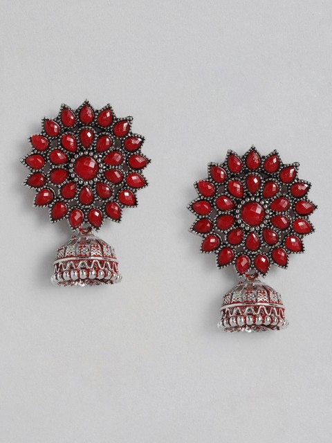 

Anouk Silver-Toned & Maroon Dome Shaped Jhumkas Earrings